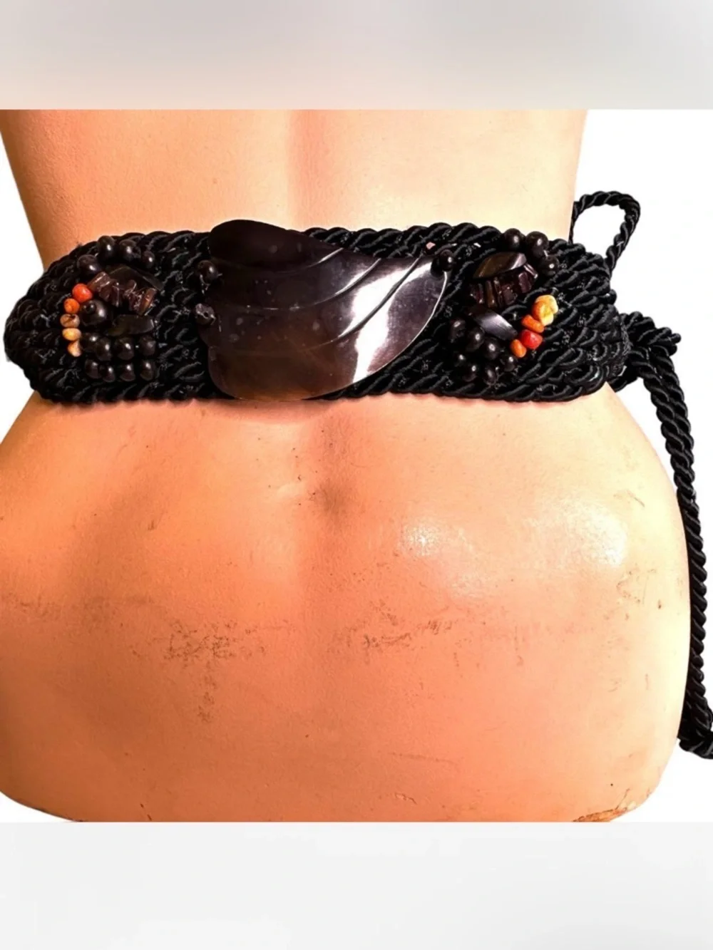 Vintage Wood Beaded and Carved Shell Cummerbund Rope Belt